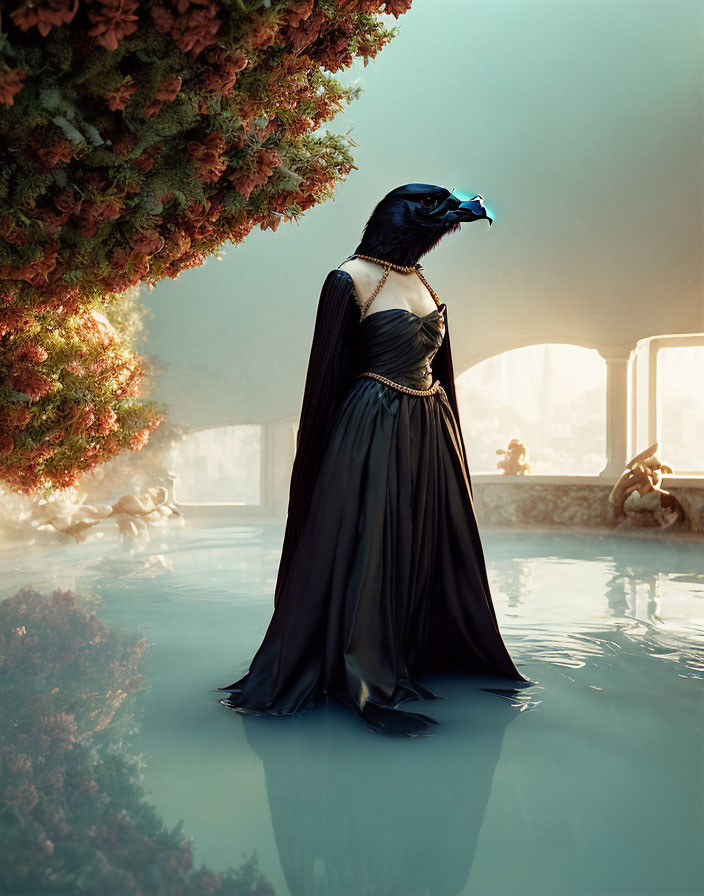 Mysterious figure in raven mask in serene water landscape