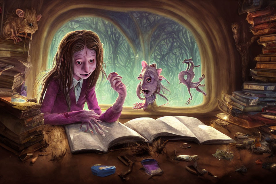 Illustration of girl in forest with study materials, rat, and magical creatures