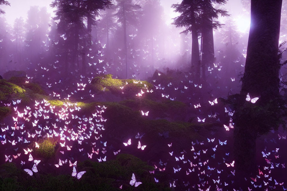 Mystical forest with purple haze, white butterflies, moss-covered ground