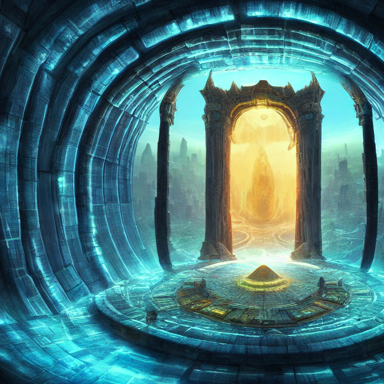 Circular blue chamber with golden archway and glowing city view.
