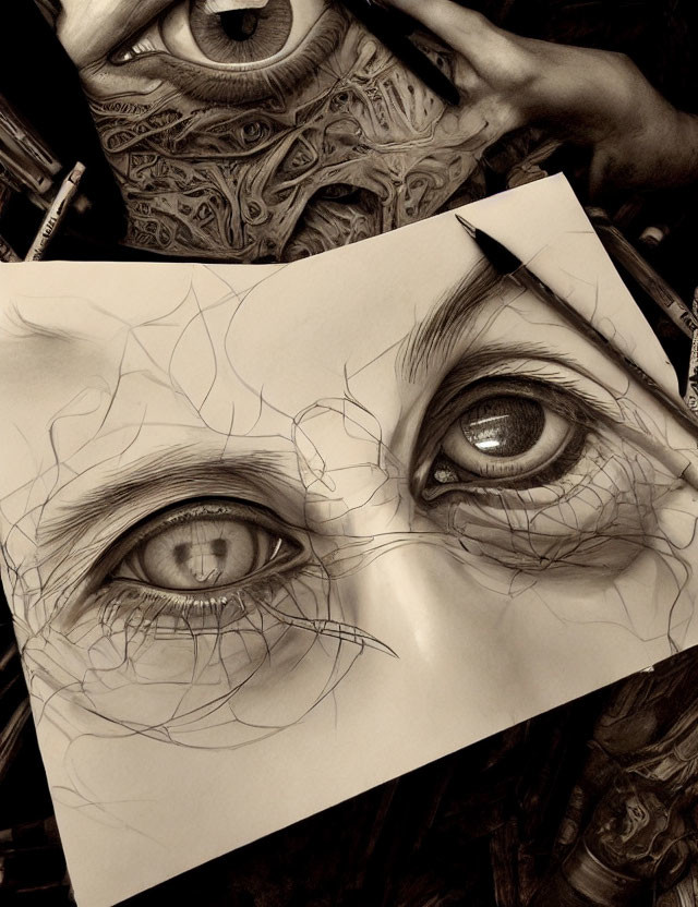 Hyper-realistic pencil drawing of eyes on paper with intricate eye design on artist's hand