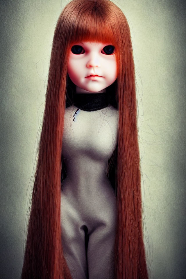 Creepy doll with auburn hair, red eyes, and choker on grey background