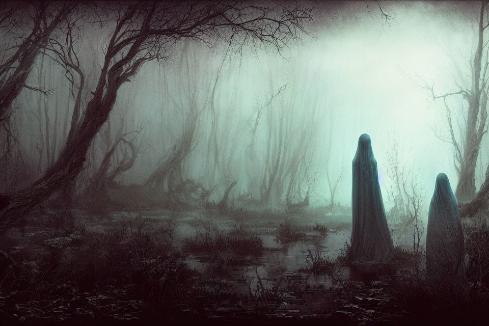 Ethereal light illuminates cloaked figures in foggy forest