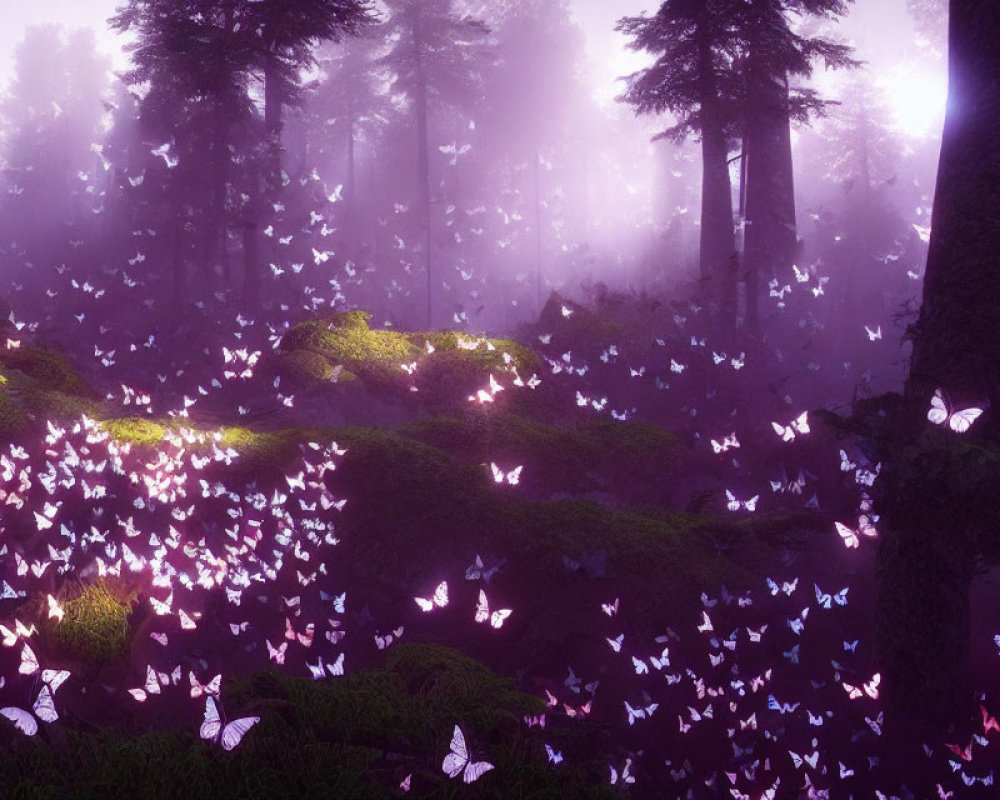 Mystical forest with purple haze, white butterflies, moss-covered ground