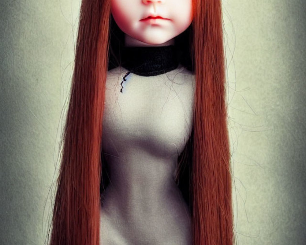 Creepy doll with auburn hair, red eyes, and choker on grey background