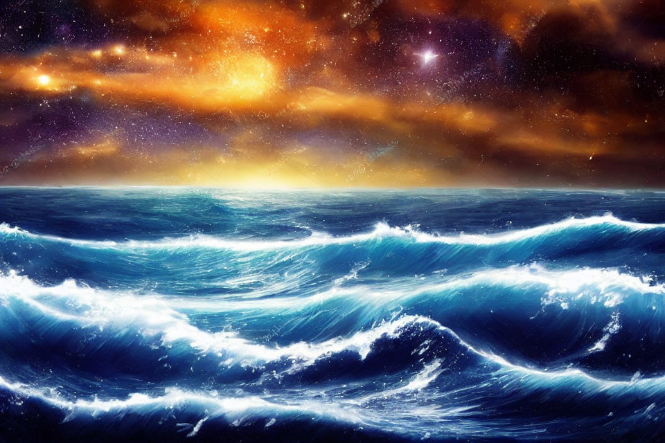 Digital Art: Tumultuous Ocean with Starry Sky & Nebula
