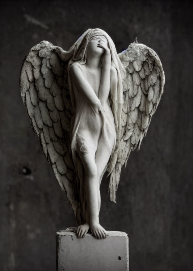 Detailed Angel Sculpture with Feathered Wings on Pedestal in Sorrowful Pose