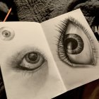 Hyper-realistic pencil drawing of eyes on paper with intricate eye design on artist's hand
