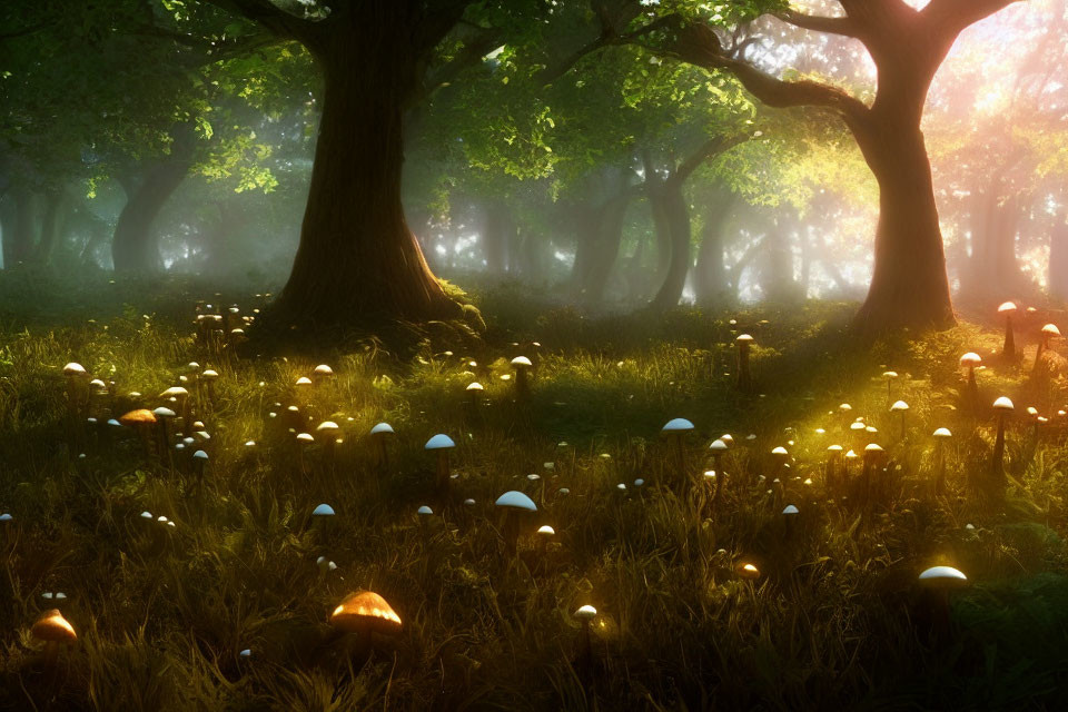 Mystical forest with glowing mushrooms and ancient trees
