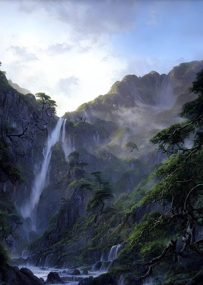 Majestic waterfall in serene landscape with lush greenery