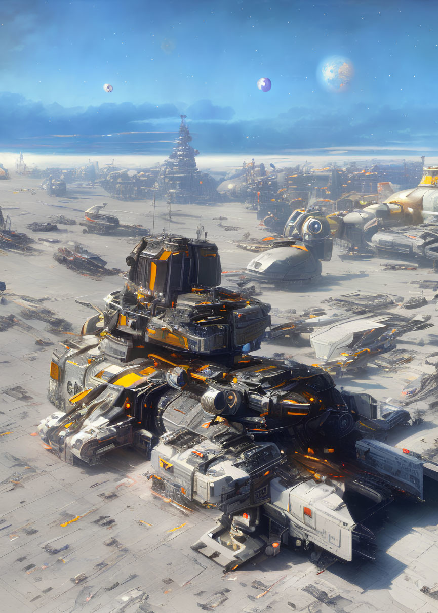Futuristic industrial landscape with massive robots and multiple planets in the sky