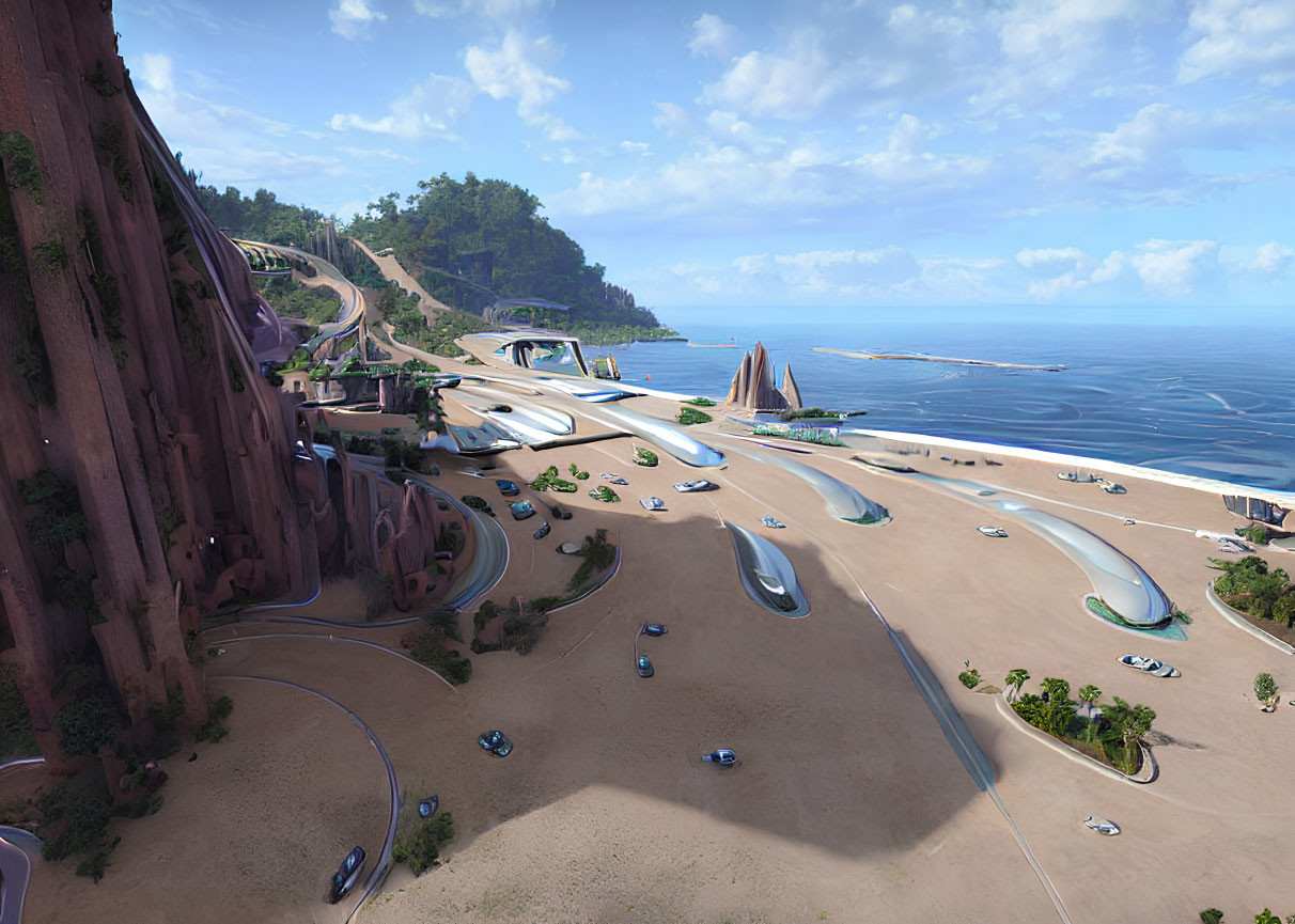 Sleek futuristic coastal cityscape with ocean view