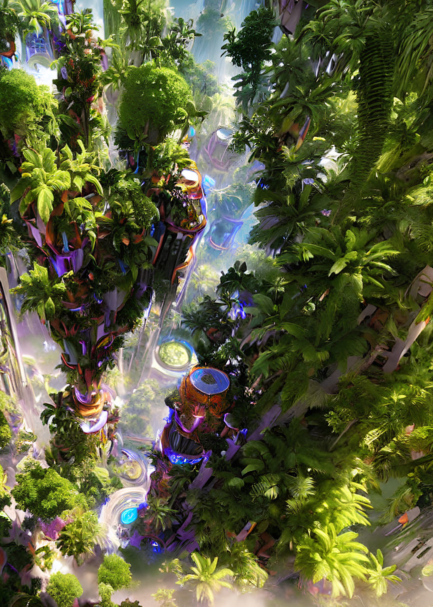 Vertical forest intertwines with futuristic buildings in lush greenery.