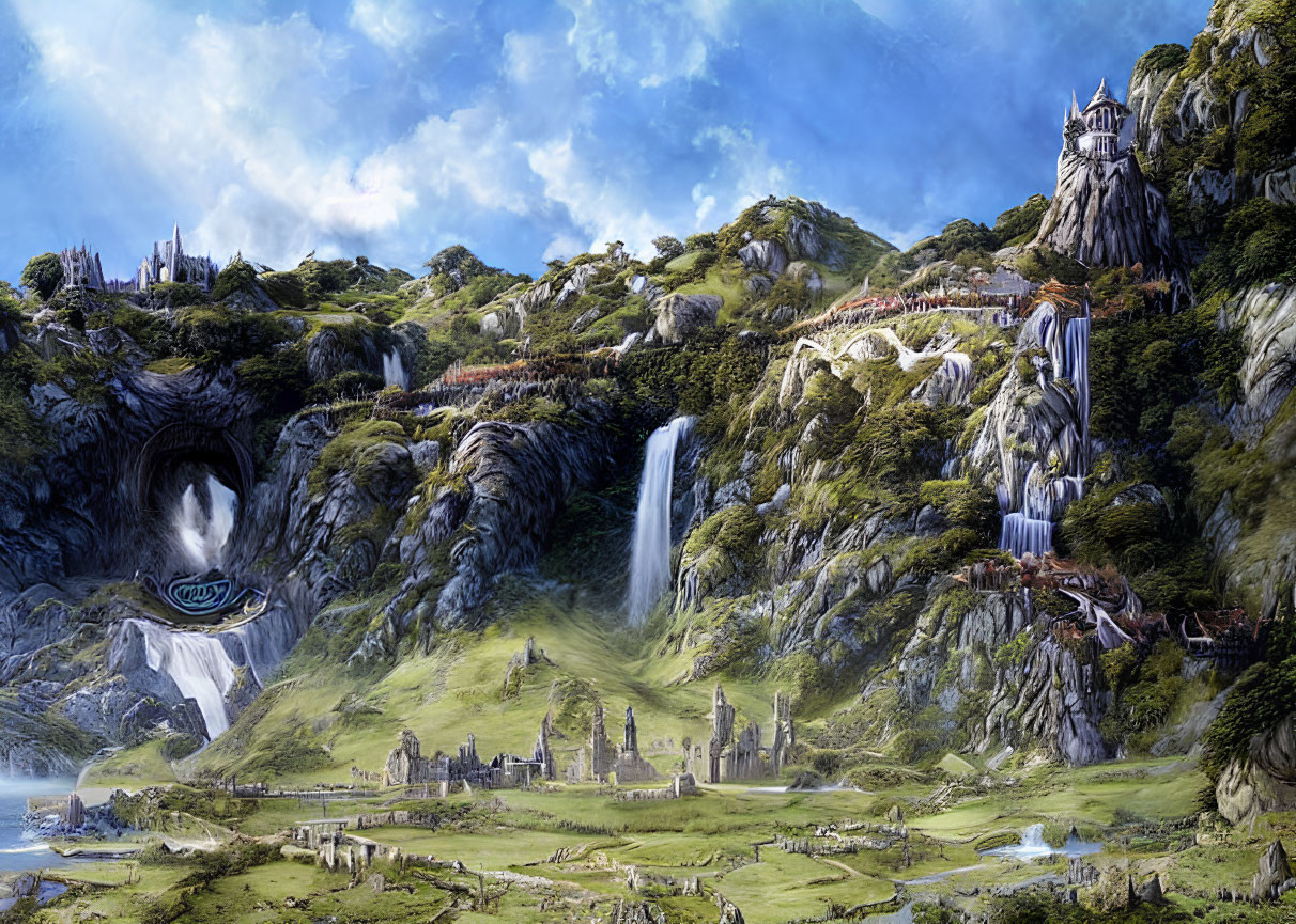 Fantastical landscape with castle, waterfalls, village, and lush greenery