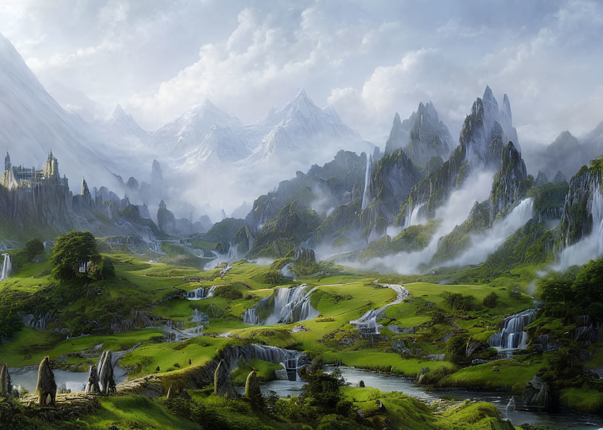 Mystical landscape with hills, waterfalls, river, castle, mountains, and soft-lit