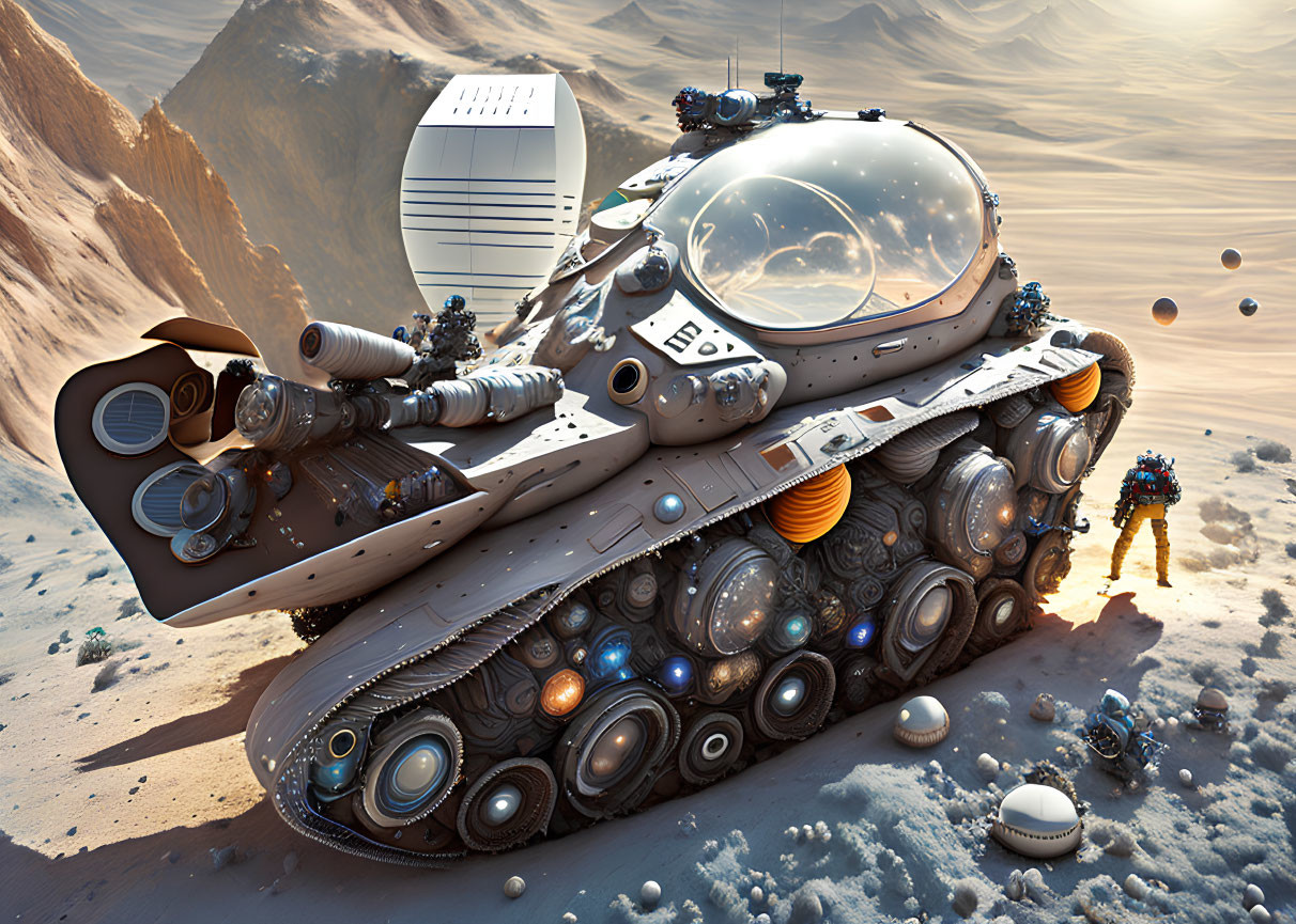 Futuristic tank with transparent dome and astronauts in desert landscape
