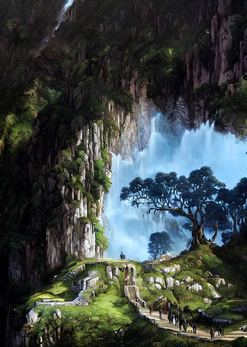 Majestic waterfall, ancient bridges, lush greenery: a fantastical landscape
