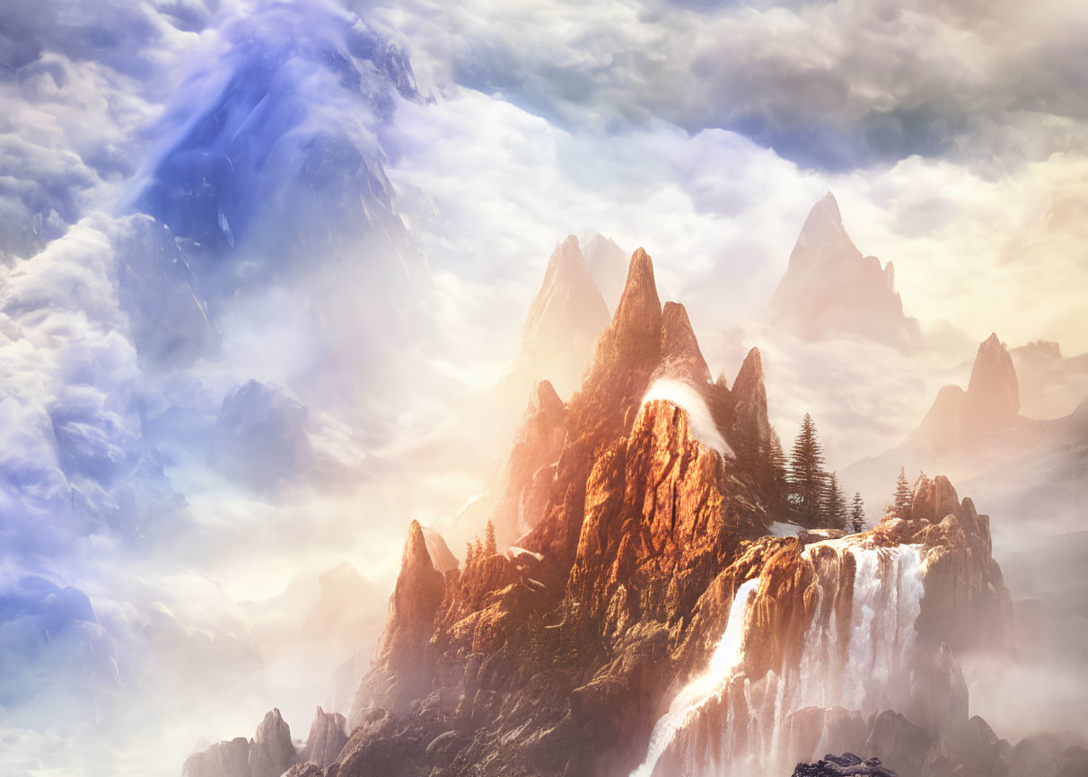 Sunlit mountain peaks with cascading waterfalls and swirling clouds