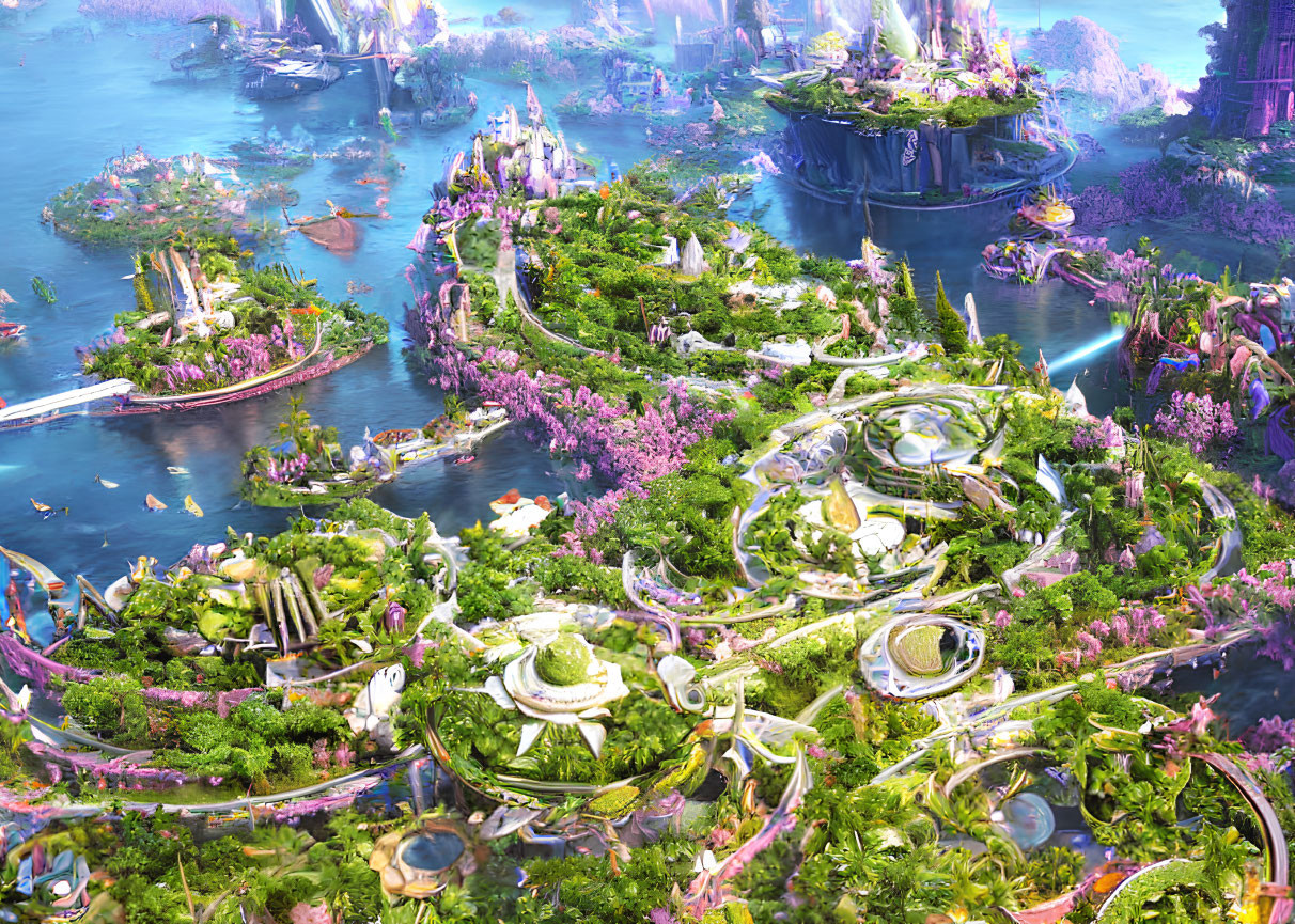 Futuristic cityscape with greenery, floating islands, and crystal-clear water.