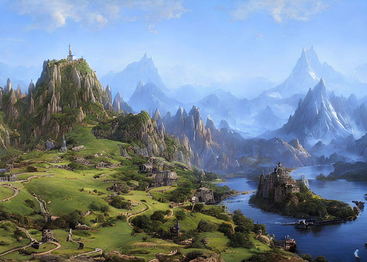 Fantastical landscape with castle, green hills, and snowy mountains