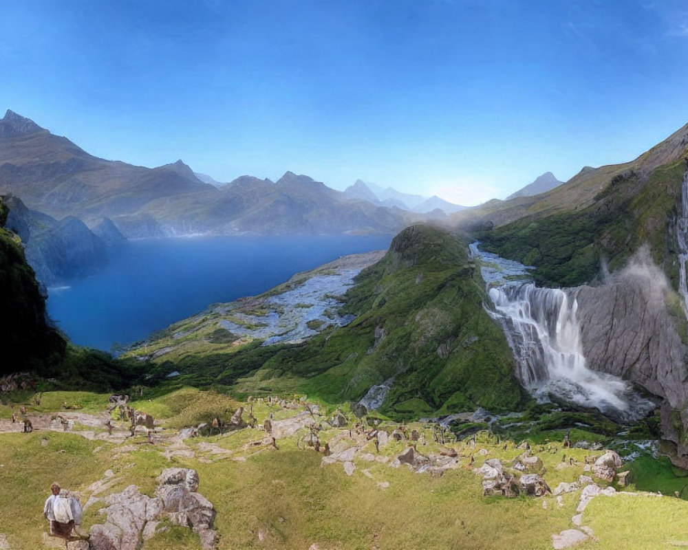 Tranquil panoramic landscape with waterfall, lake, greenery, hills, and sky