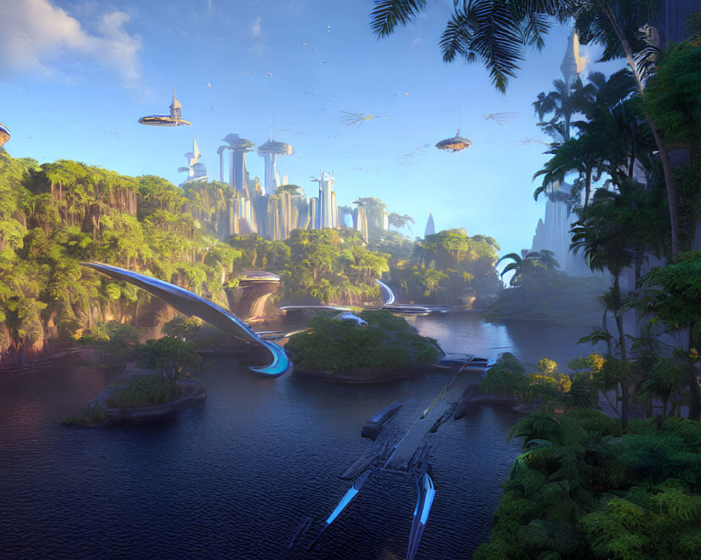 Futuristic cityscape with skyscrapers, lush greenery, waterfalls, river, and