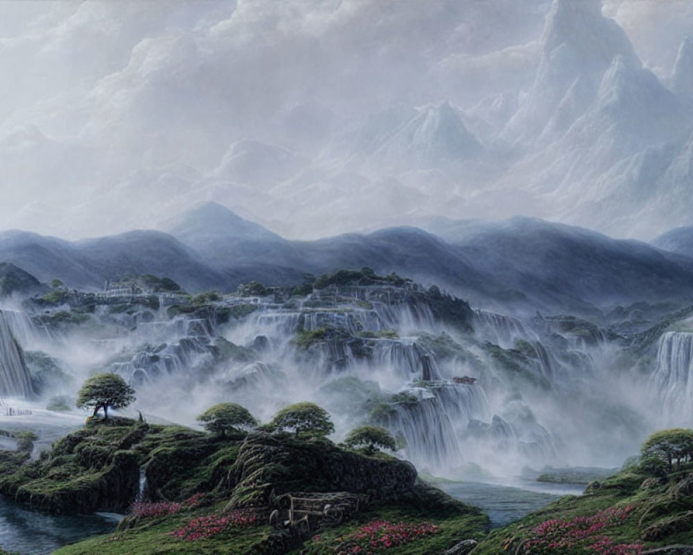 Tranquil landscape with cascading waterfalls, greenery, pink flora, and misty mountains