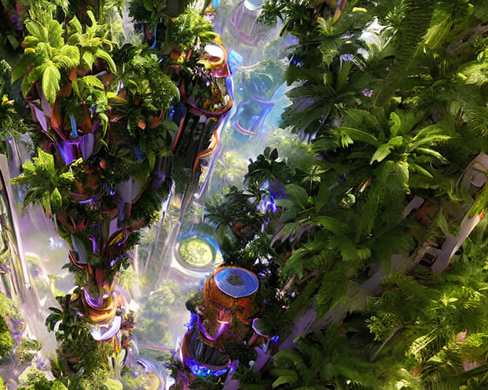 Vertical forest intertwines with futuristic buildings in lush greenery.