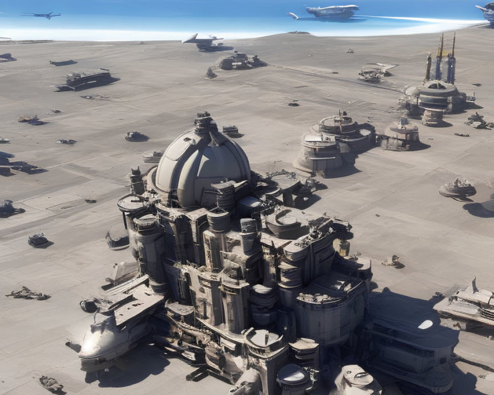 Futuristic military base with armored vehicles and aircraft by the coastline
