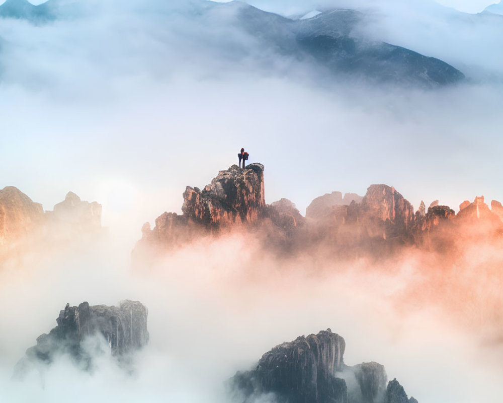 Person standing on rocky peak surrounded by mist and mountains under glowing sky