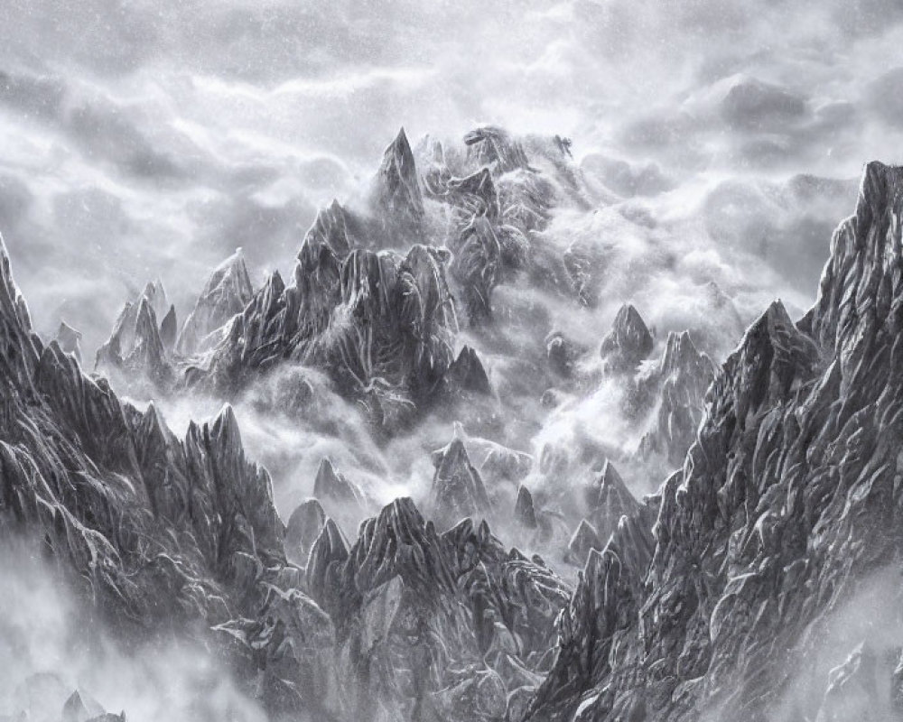 Snow-covered mountain peaks in monochrome with swirling clouds