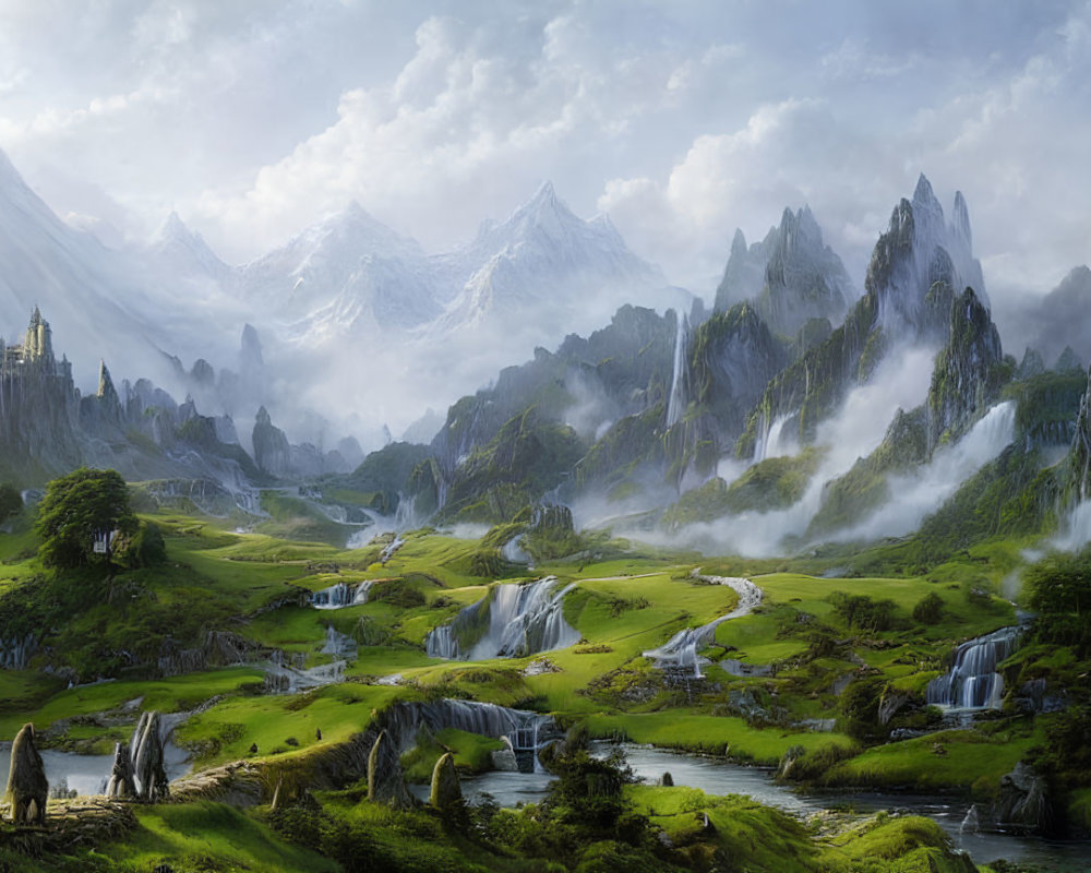 Mystical landscape with hills, waterfalls, river, castle, mountains, and soft-lit