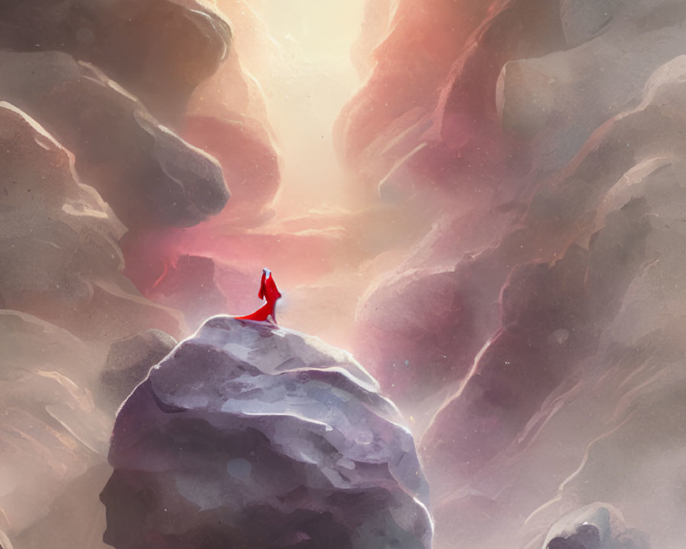 Red Cloaked Figure on Floating Rock in Cloudy Sky under Warm Light