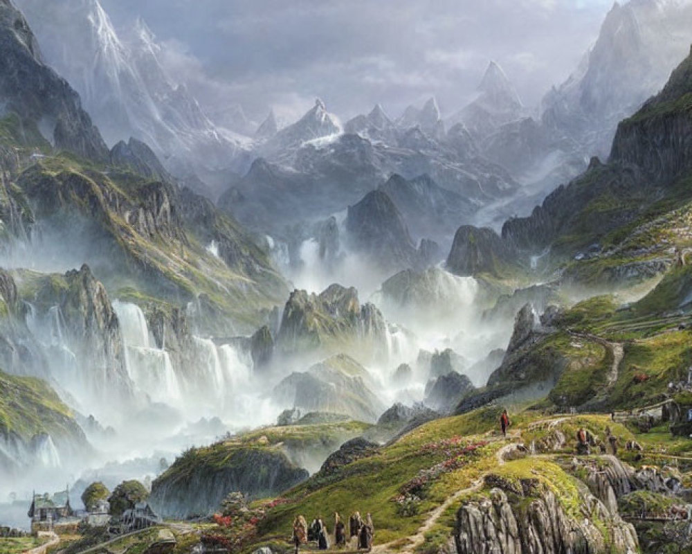 Majestic mountains, waterfalls, and a winding path in lush valley