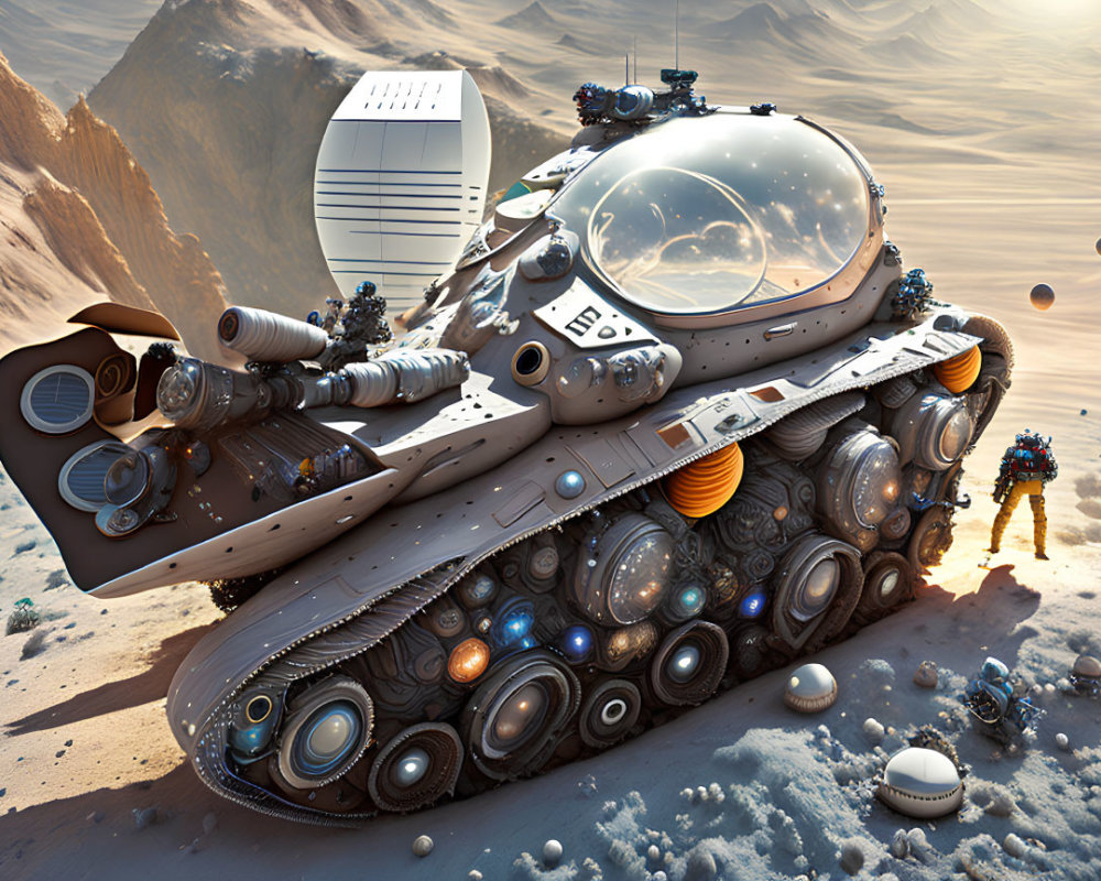 Futuristic tank with transparent dome and astronauts in desert landscape