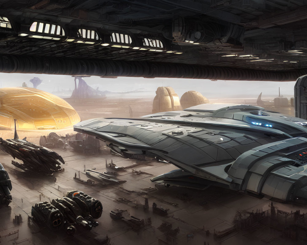 Futuristic hangar bay with spacecraft, vehicles, and people under metallic ceiling