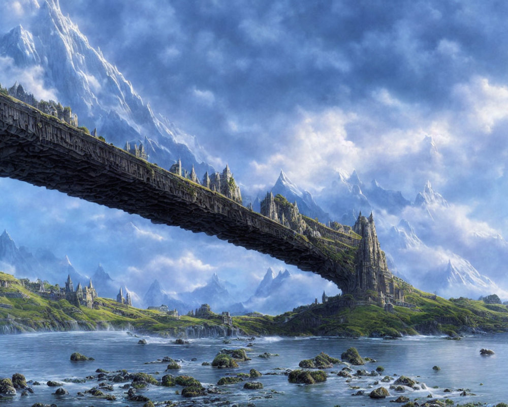 Majestic stone bridge over river in serene mountain landscape