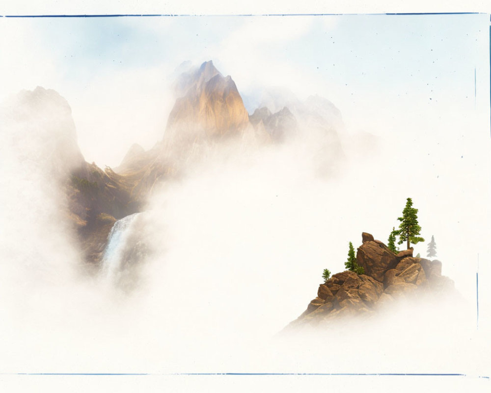 Majestic mountain scene with peak, waterfall, and trees