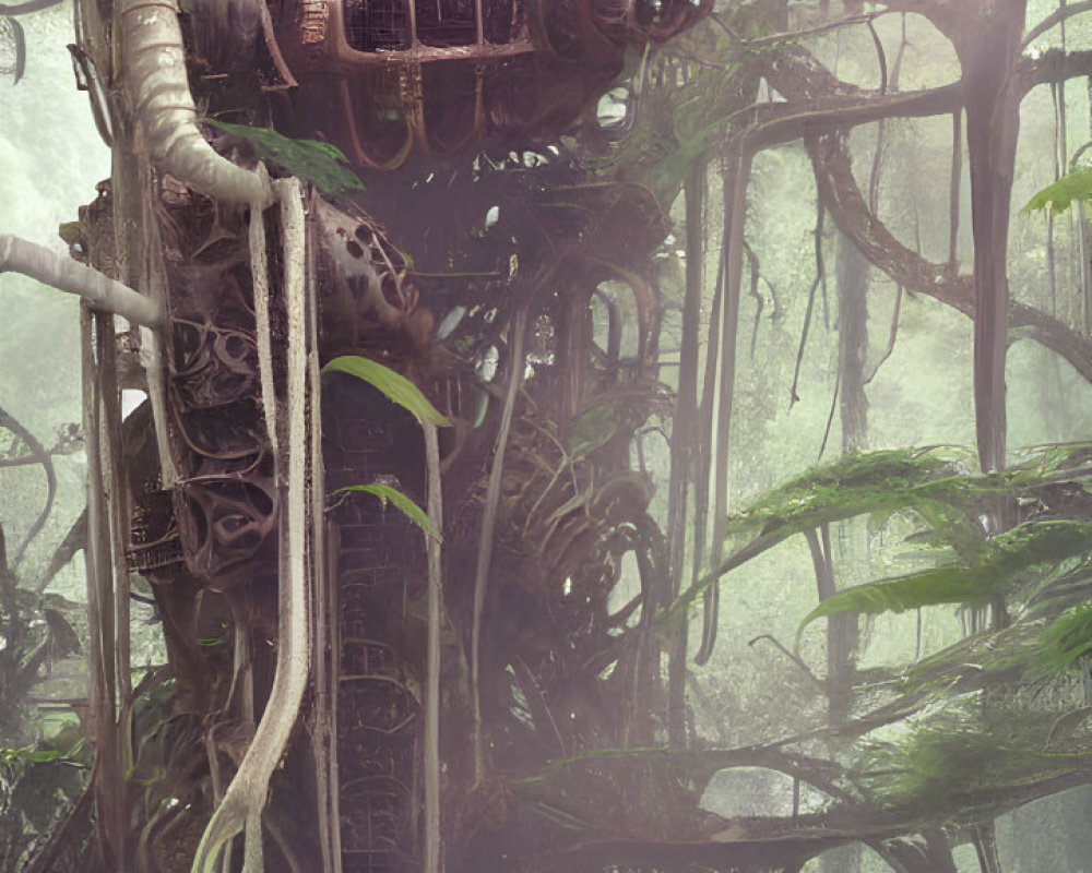Abandoned futuristic vehicle in dense forest foliage
