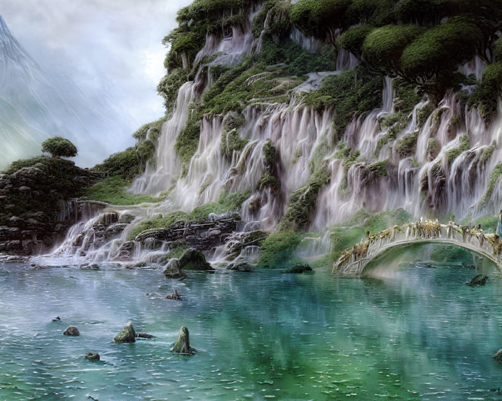 Tranquil landscape with waterfalls, emerald lake, lush greenery