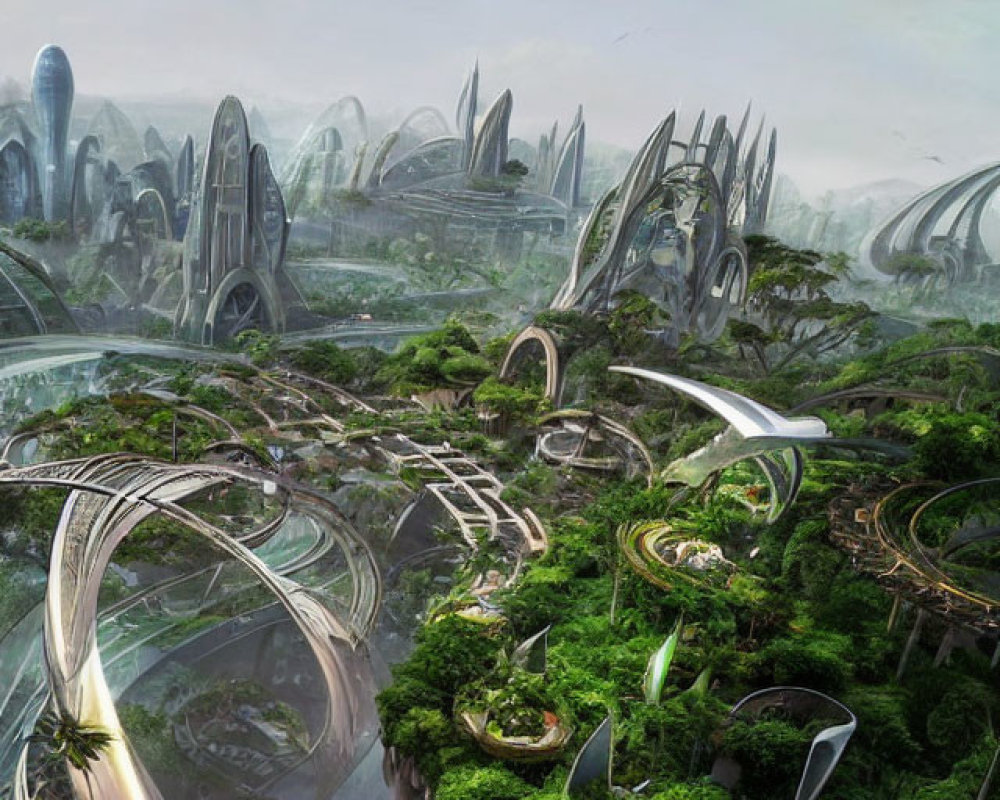 Futuristic cityscape with organic architecture and elevated roadways in lush green setting.