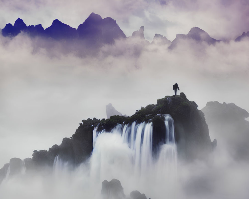 Person overlooking waterfall and mountain peaks.