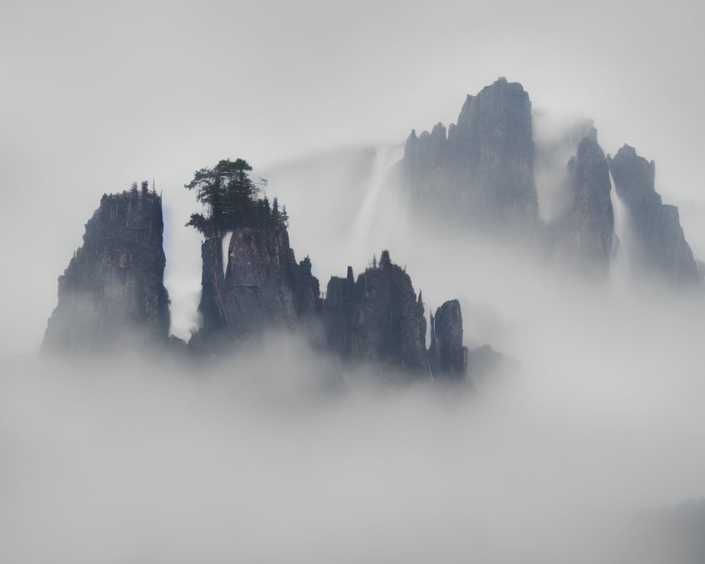 Ethereal landscape of misty mountain peaks and trees emerging from clouds