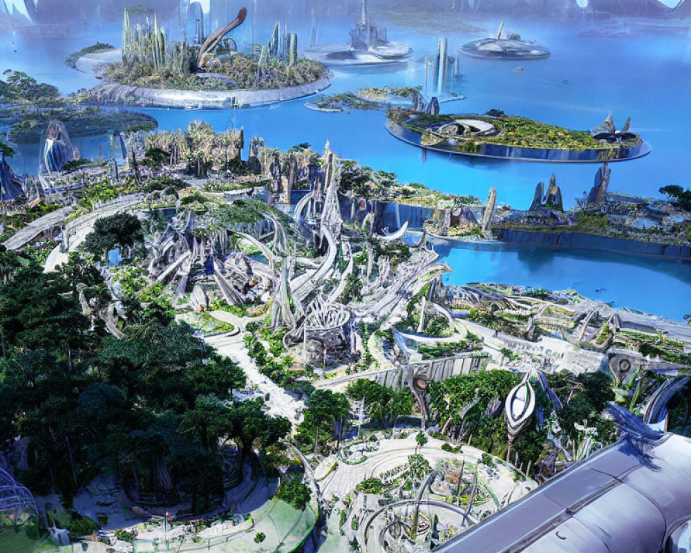 Futuristic cityscape with lush greenery, sleek architecture, towering structures, water bodies, and