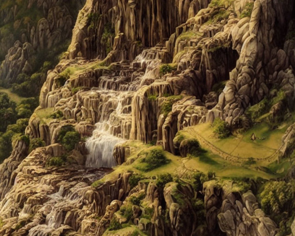 Majestic multi-tiered waterfall in lush greenery with winding path