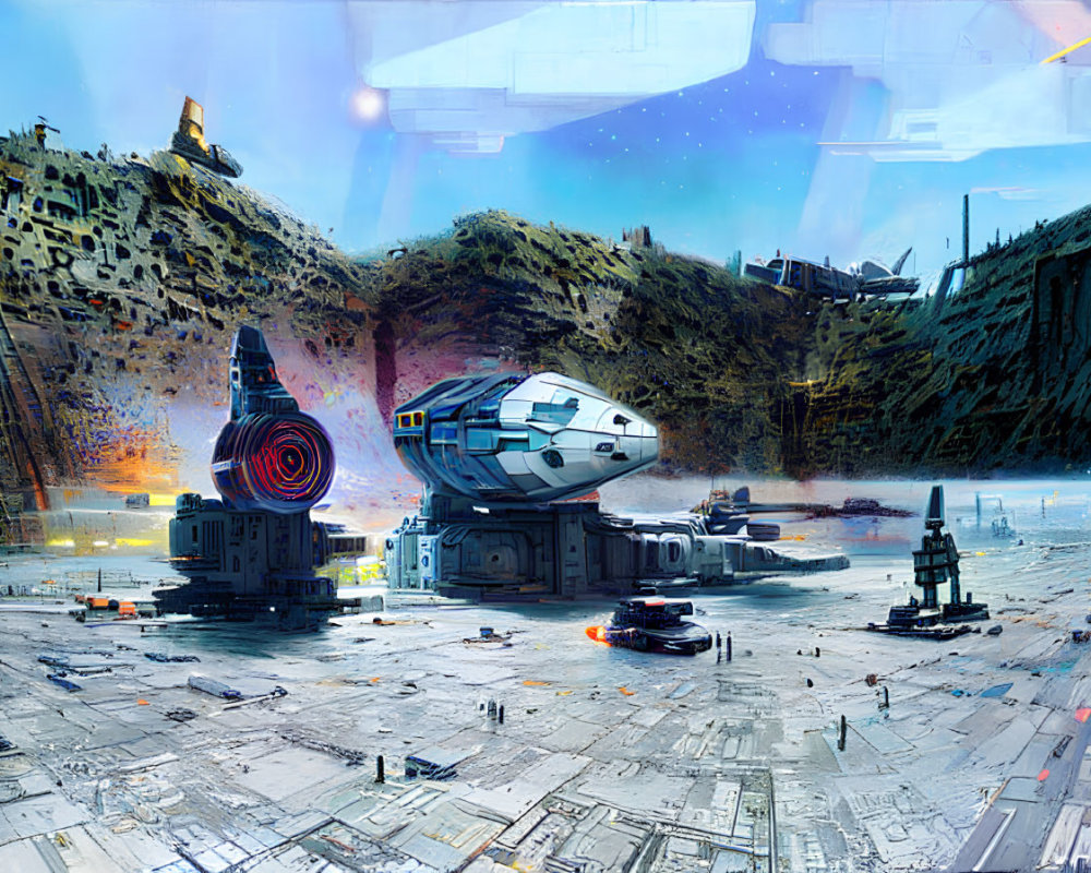 Futuristic sci-fi scene with spacecraft and bustling cityscape