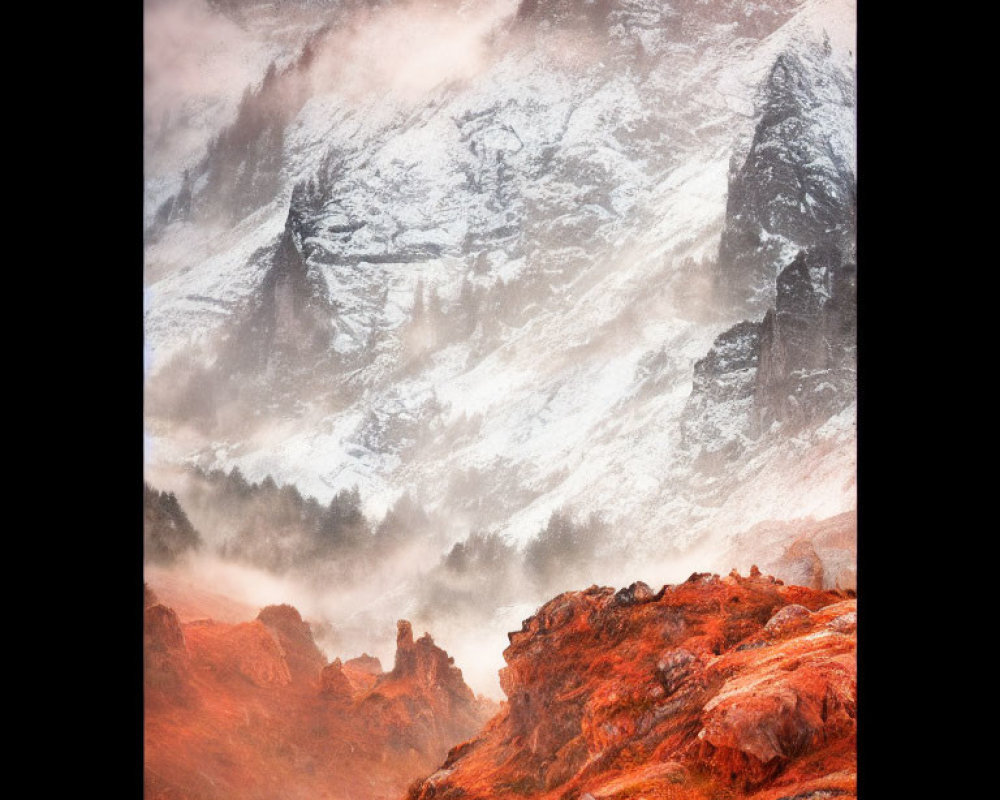 Snow-covered mountain slopes behind orange and red rocky foreground