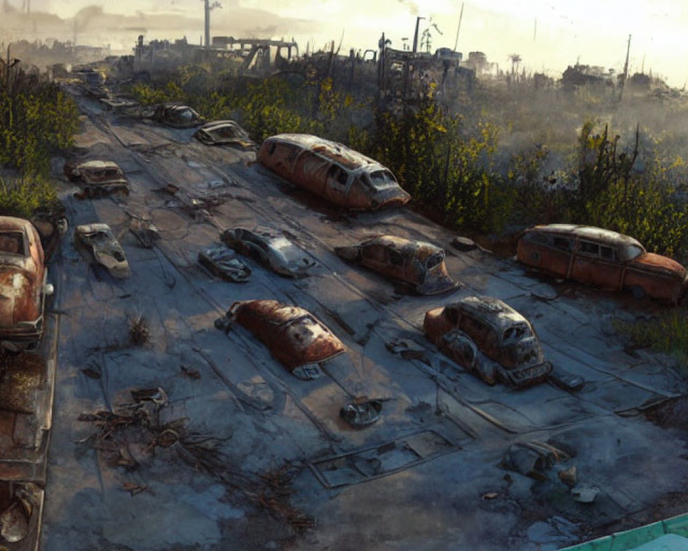 Desolate Post-Apocalyptic Highway with Rusted Cars