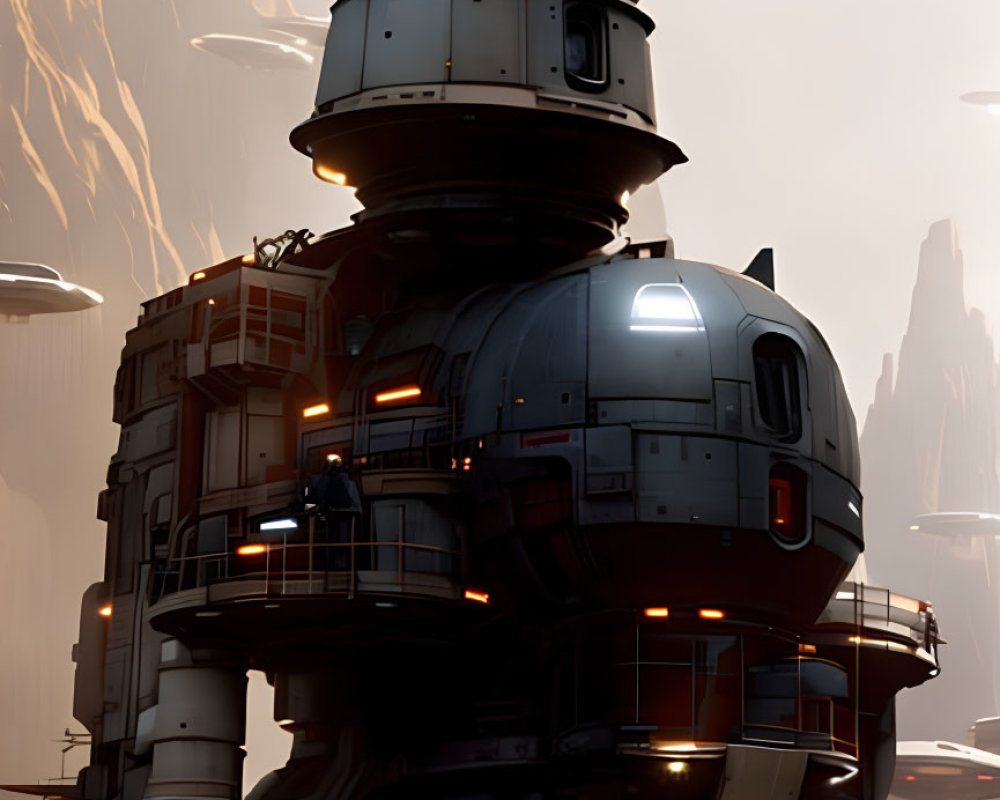 Futuristic tower with platforms and ships in orange sky