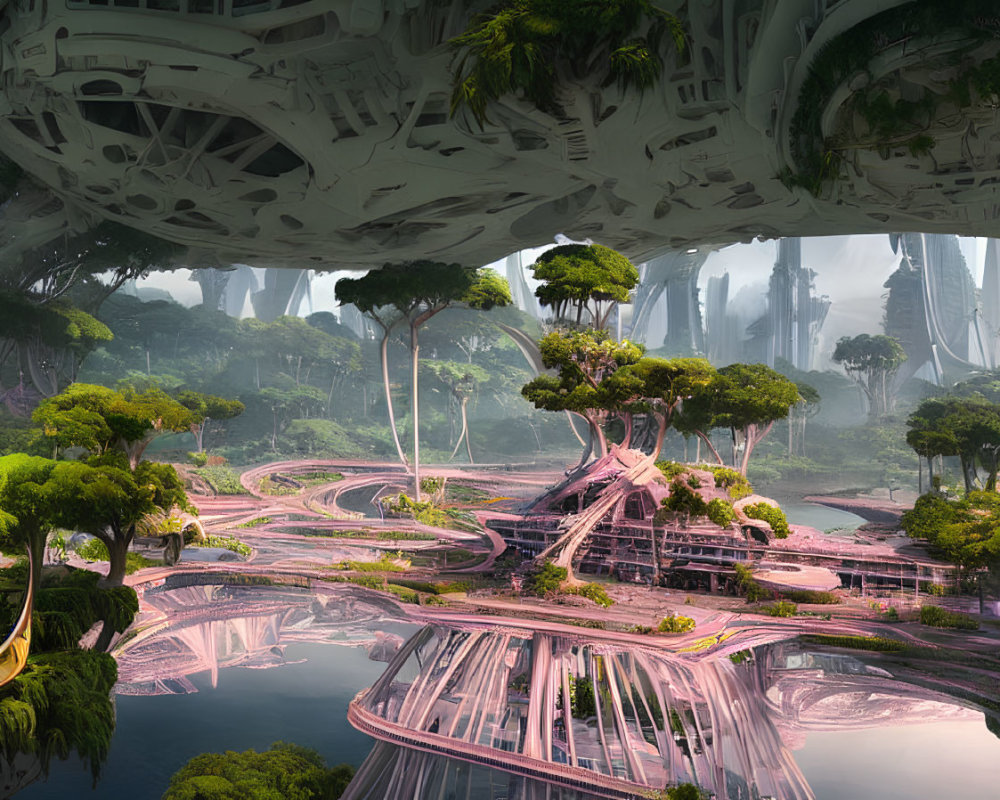 Futuristic city with organic architecture and lush greenery reflected in serene water